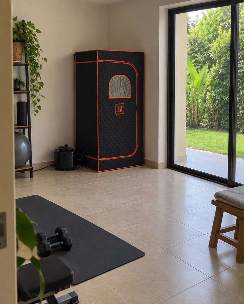 Sauna Premium negro con bordes naranja